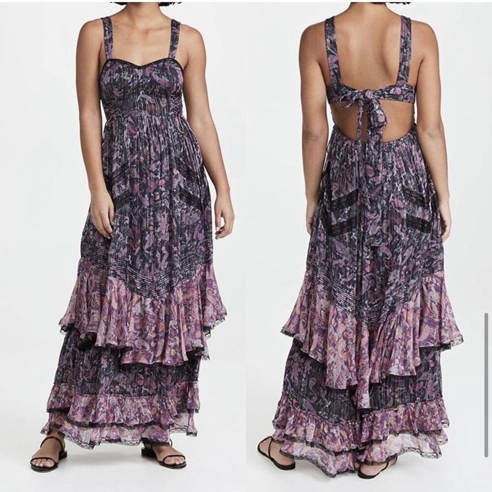 Rococo Sand Nott Sweetheart Tiered Metallic Purple Paisley Maxi Dress Size S - Picture 2 of 14